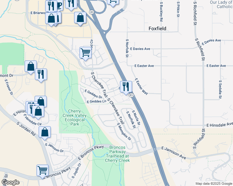 map of restaurants, bars, coffee shops, grocery stores, and more near 16380 East Fremont Avenue in Aurora