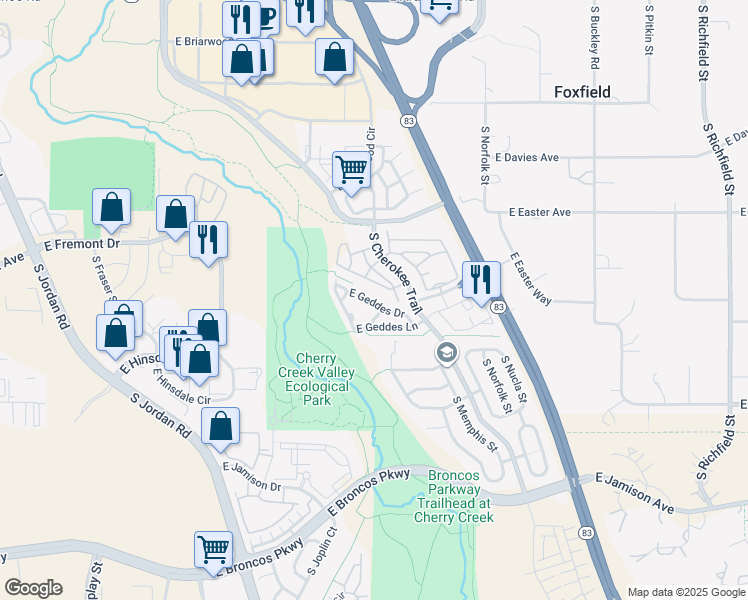 map of restaurants, bars, coffee shops, grocery stores, and more near 16033 East Geddes Drive in Aurora