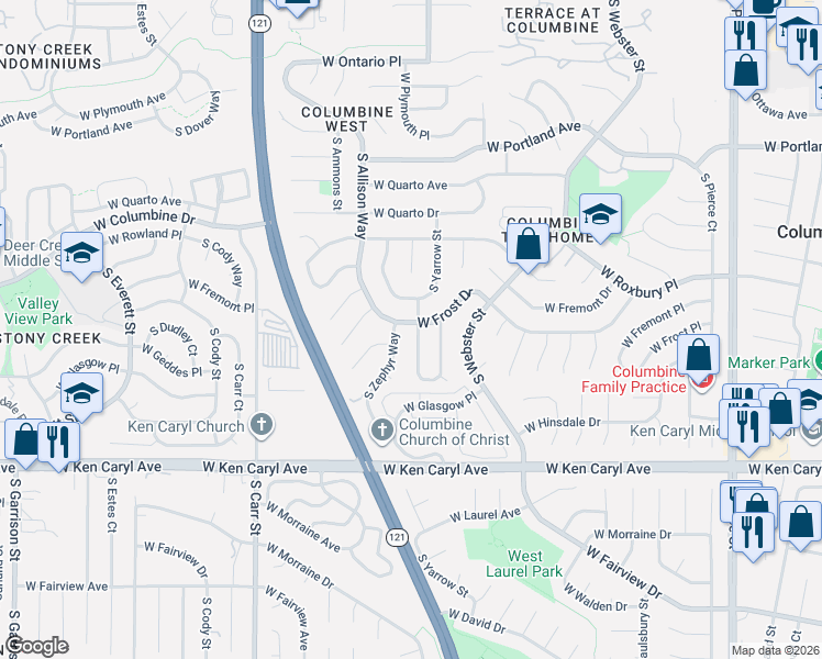 map of restaurants, bars, coffee shops, grocery stores, and more near 7253 South Yarrow Way in Littleton