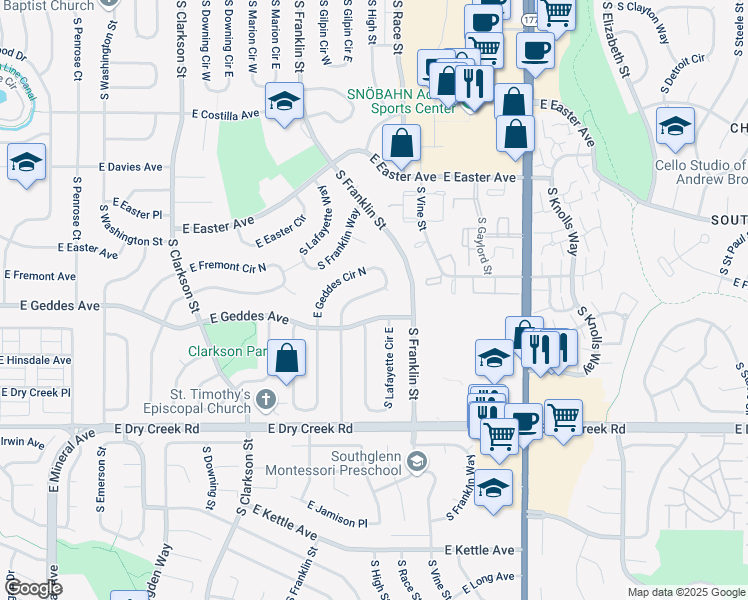 map of restaurants, bars, coffee shops, grocery stores, and more near 1820 East Geddes Circle North in Centennial
