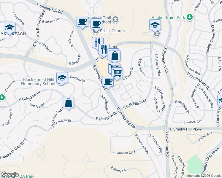 map of restaurants, bars, coffee shops, grocery stores, and more near 7257 South Millbrook Court in Aurora