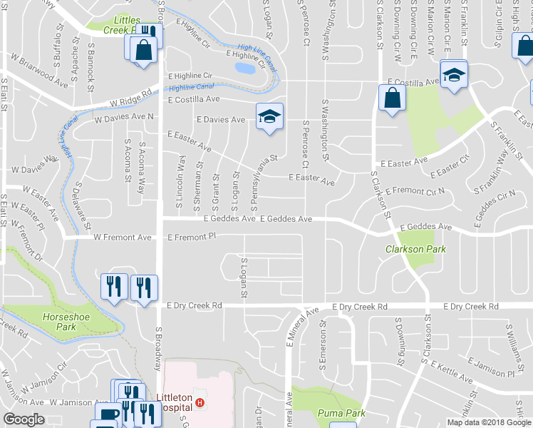 map of restaurants, bars, coffee shops, grocery stores, and more near 621 East Geddes Avenue in Centennial