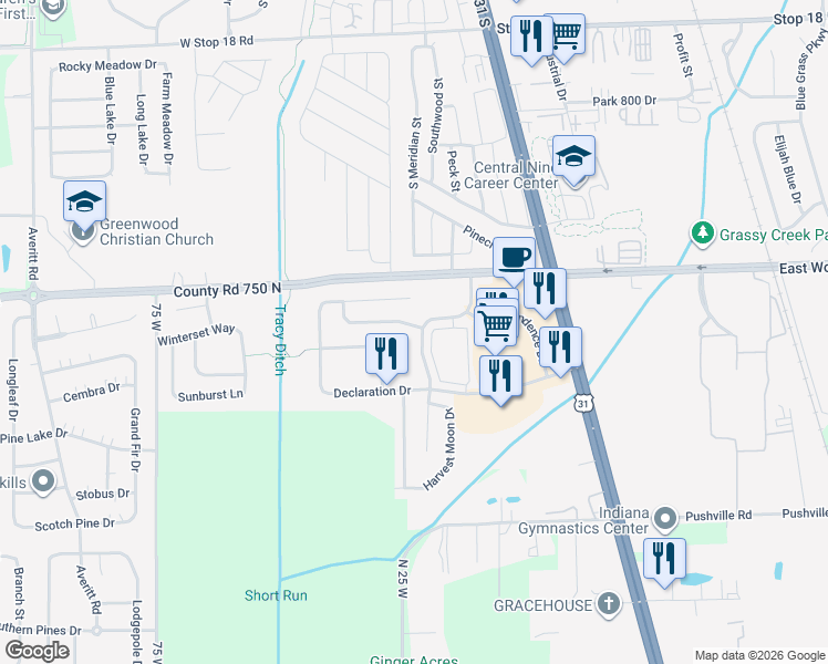 map of restaurants, bars, coffee shops, grocery stores, and more near 2156 Providence Drive in Greenwood
