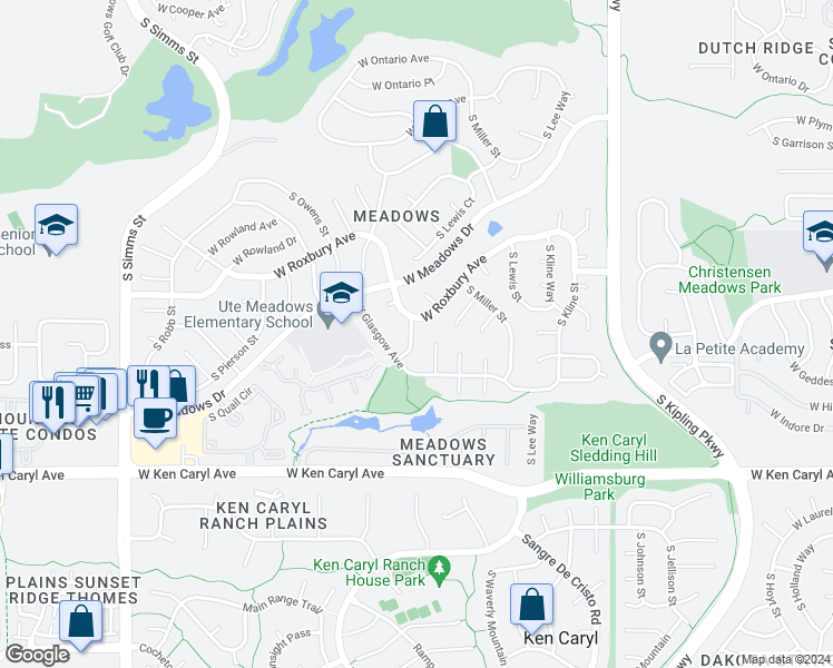 map of restaurants, bars, coffee shops, grocery stores, and more near 7196 South Nelson Street in Littleton