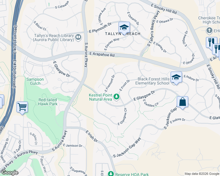 map of restaurants, bars, coffee shops, grocery stores, and more near 24334 East Fremont Drive in Aurora