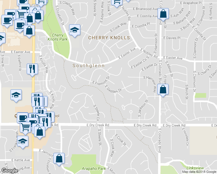 map of restaurants, bars, coffee shops, grocery stores, and more near 3347 East Geddes Drive in Centennial