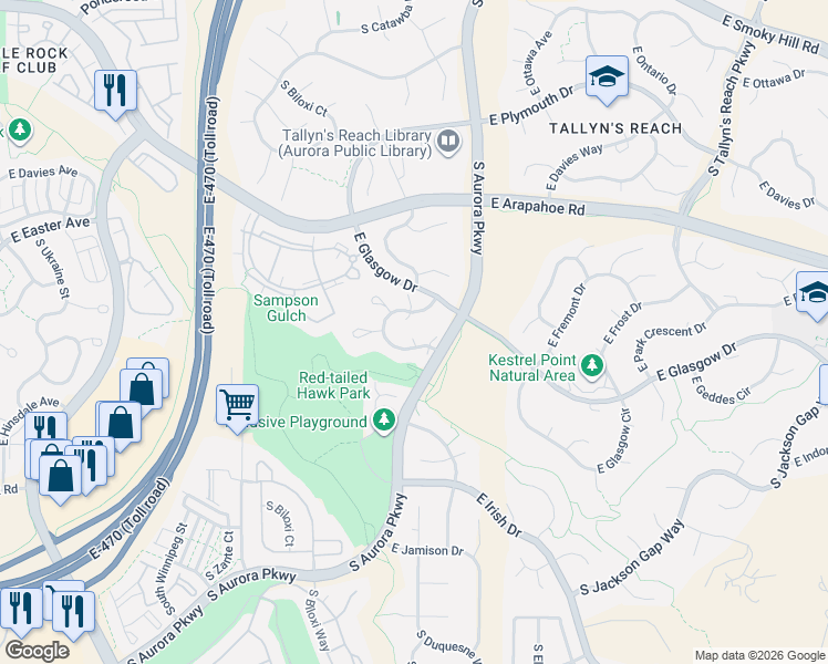 map of restaurants, bars, coffee shops, grocery stores, and more near 7426 South Catawba Way in Aurora