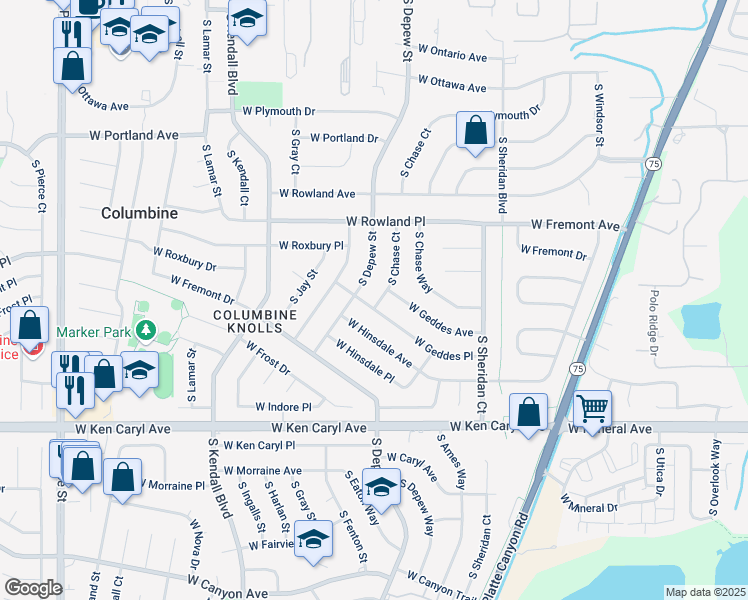 map of restaurants, bars, coffee shops, grocery stores, and more near 7282 South Depew Street in Littleton
