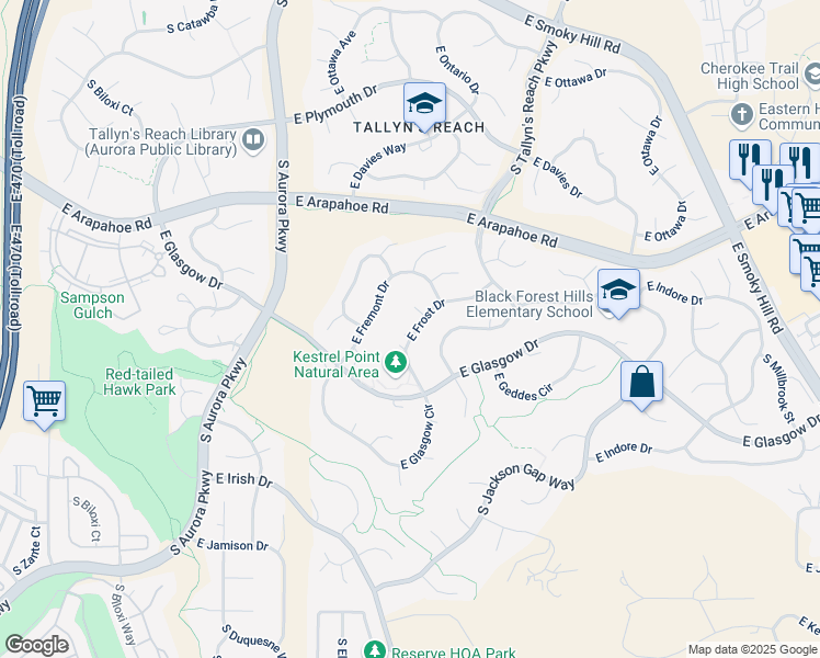 map of restaurants, bars, coffee shops, grocery stores, and more near 24487 East Frost Drive in Aurora