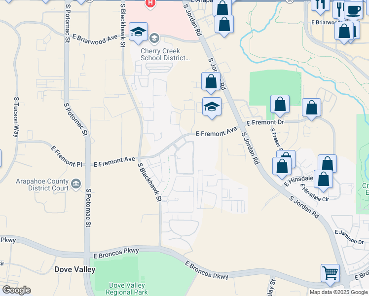 map of restaurants, bars, coffee shops, grocery stores, and more near 14400 East Fremont Avenue in Englewood