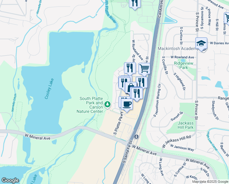 map of restaurants, bars, coffee shops, grocery stores, and more near 7325 South Platte River Parkway in Littleton