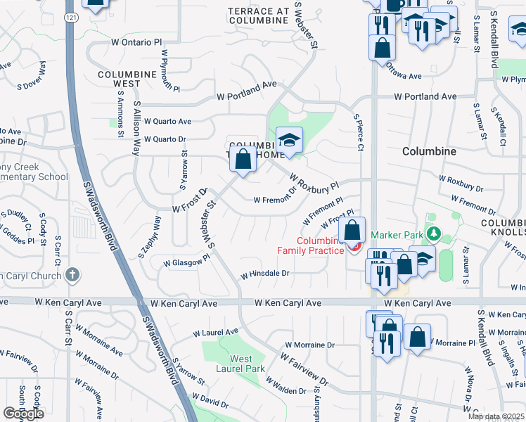 map of restaurants, bars, coffee shops, grocery stores, and more near 7339 West Frost Drive in Littleton