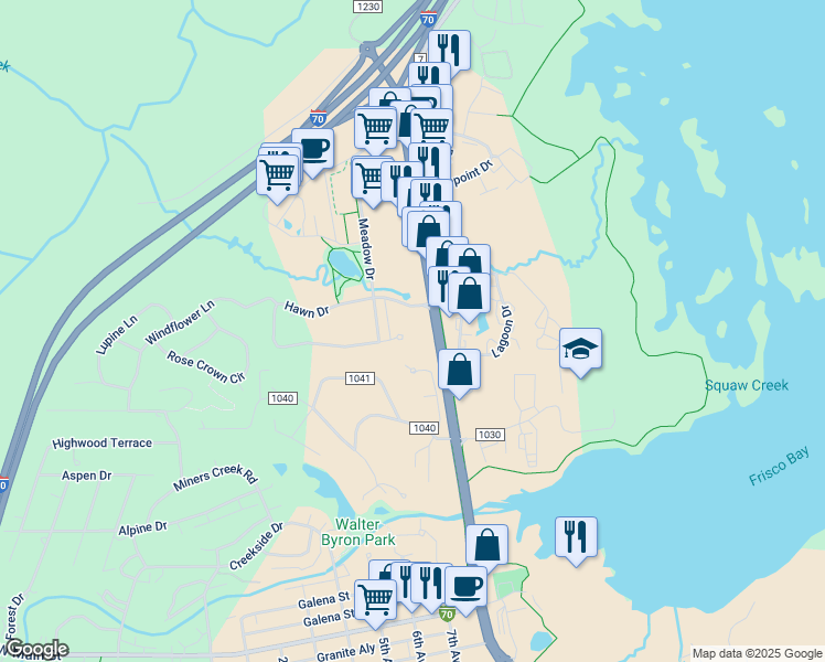 map of restaurants, bars, coffee shops, grocery stores, and more near 710 County Highway 9 in Frisco