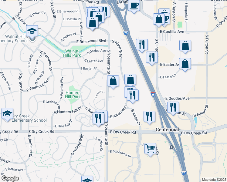 map of restaurants, bars, coffee shops, grocery stores, and more near 7286 South Yosemite Street in Centennial
