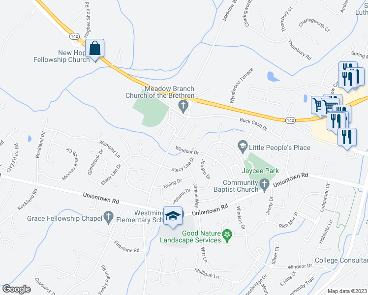 map of restaurants, bars, coffee shops, grocery stores, and more near 806 Windsor Drive in Westminster