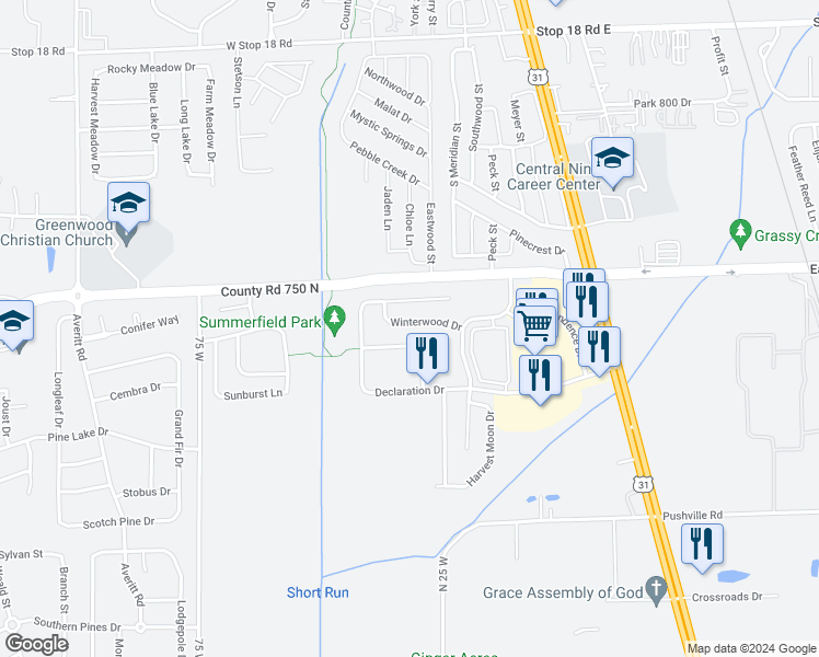 map of restaurants, bars, coffee shops, grocery stores, and more near 113 Winterwood Drive in Greenwood