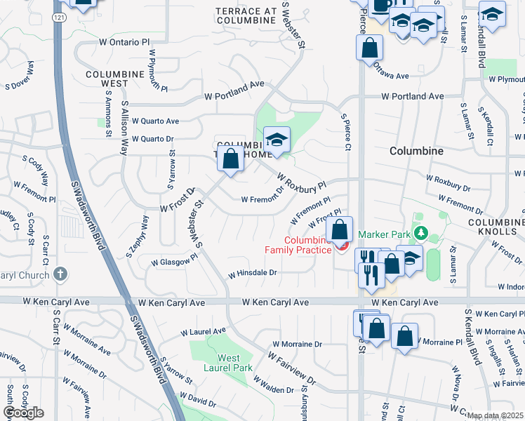 map of restaurants, bars, coffee shops, grocery stores, and more near 7339 West Frost Drive in Littleton