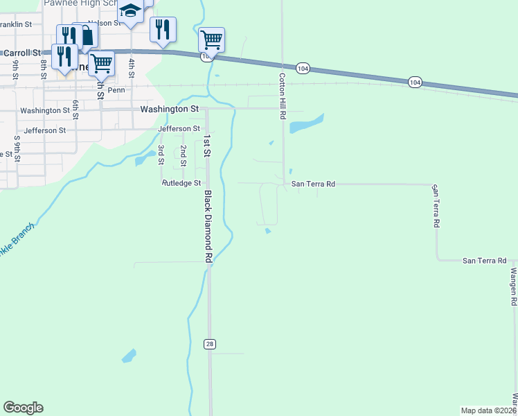 map of restaurants, bars, coffee shops, grocery stores, and more near 36 Cahokia Drive in Pawnee
