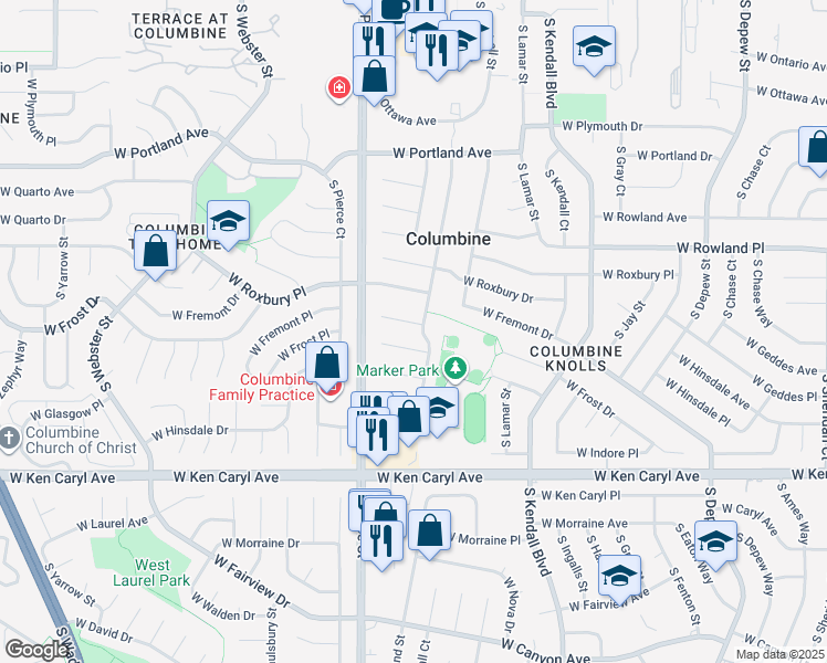 map of restaurants, bars, coffee shops, grocery stores, and more near 6612 West Frost Avenue in Littleton