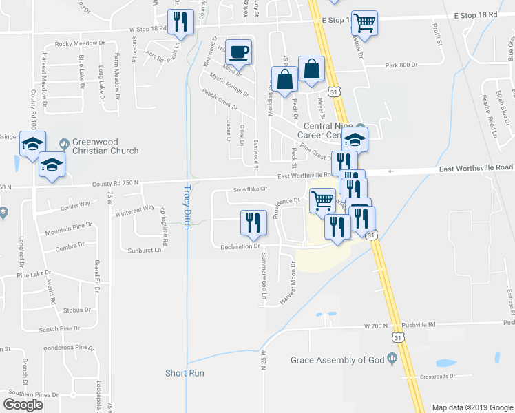 map of restaurants, bars, coffee shops, grocery stores, and more near 65 Winterwood Drive in Greenwood