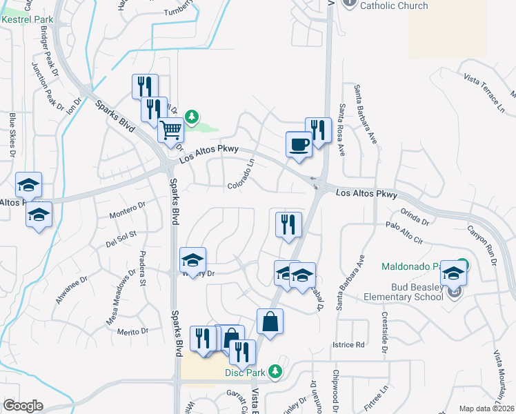 map of restaurants, bars, coffee shops, grocery stores, and more near 1318 Lambrusca Drive in Sparks