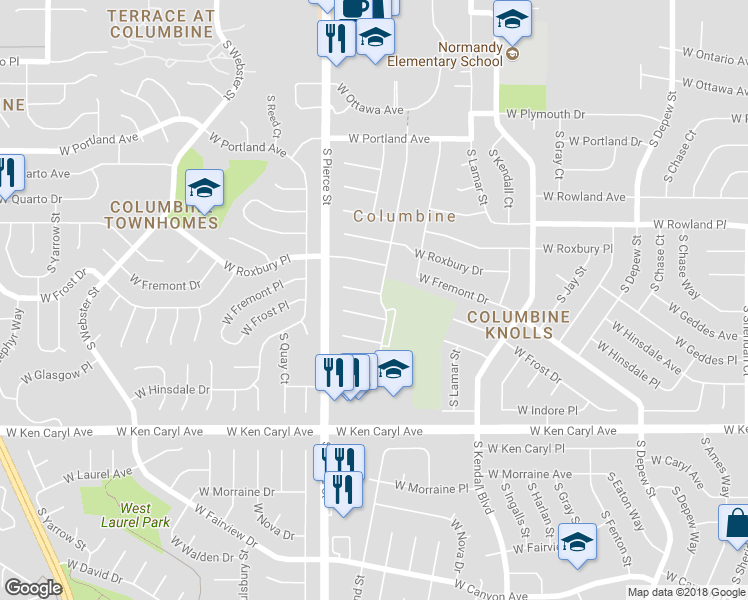 map of restaurants, bars, coffee shops, grocery stores, and more near 6612 West Frost Avenue in Littleton