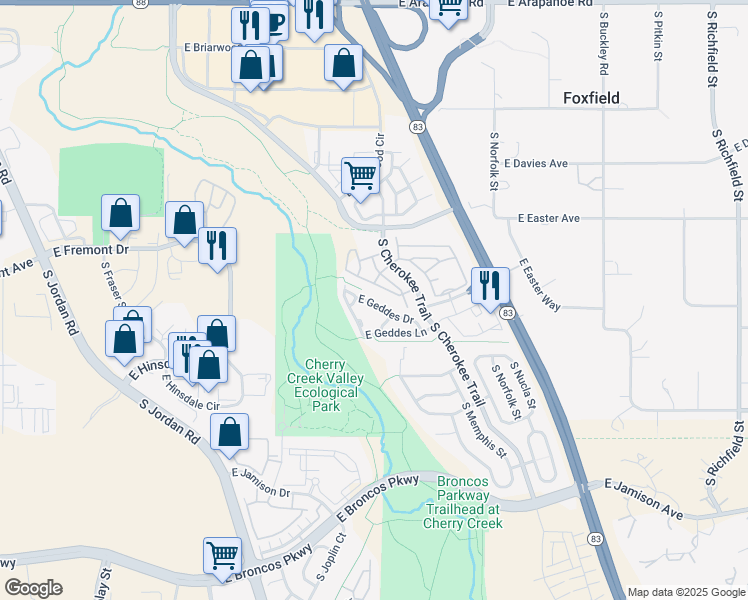 map of restaurants, bars, coffee shops, grocery stores, and more near 16033 East Geddes Drive in Aurora