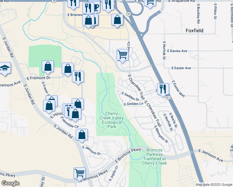 map of restaurants, bars, coffee shops, grocery stores, and more near 15962 East Geddes Lane in Aurora