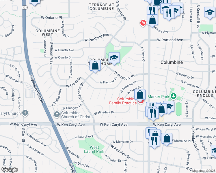 map of restaurants, bars, coffee shops, grocery stores, and more near 7339 West Frost Drive in Littleton