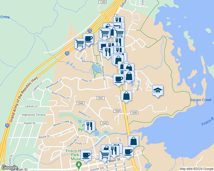 map of restaurants, bars, coffee shops, grocery stores, and more near 717 Meadow Drive in Frisco