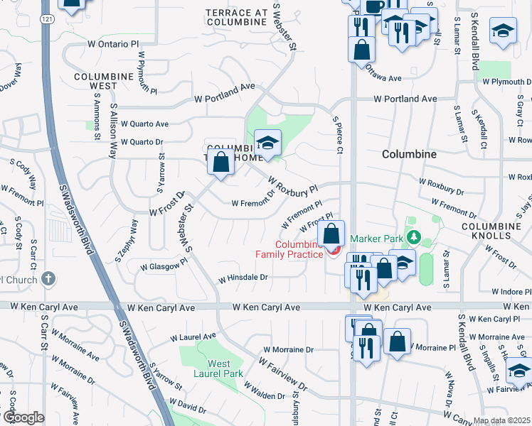 map of restaurants, bars, coffee shops, grocery stores, and more near 7239 W Frost Dr in Littleton