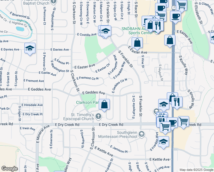 map of restaurants, bars, coffee shops, grocery stores, and more near 2301 East Fremont Circle South in Centennial