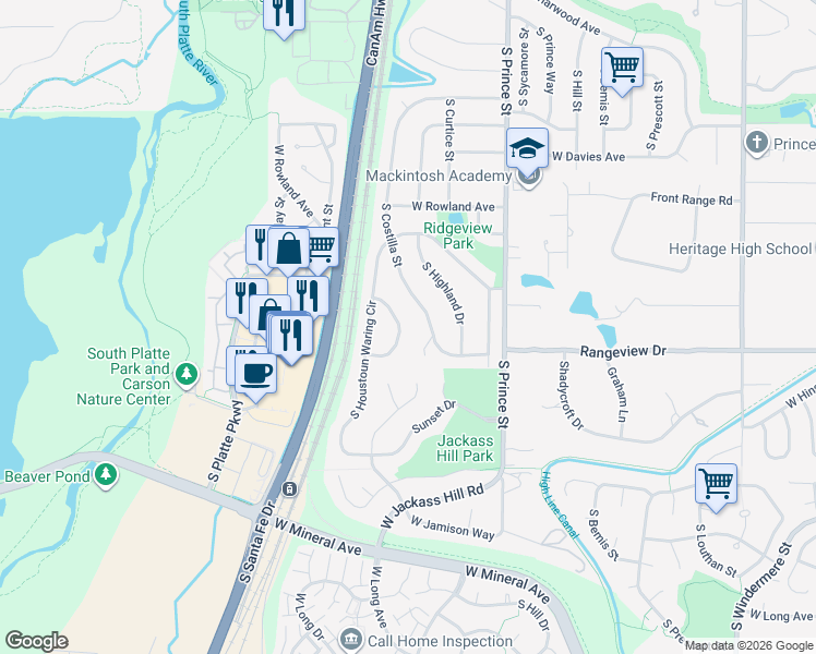 map of restaurants, bars, coffee shops, grocery stores, and more near 7333 South Crescent Drive in Littleton