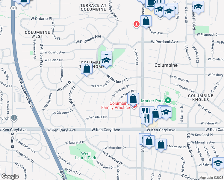 map of restaurants, bars, coffee shops, grocery stores, and more near 7075 West Fremont Place in Littleton