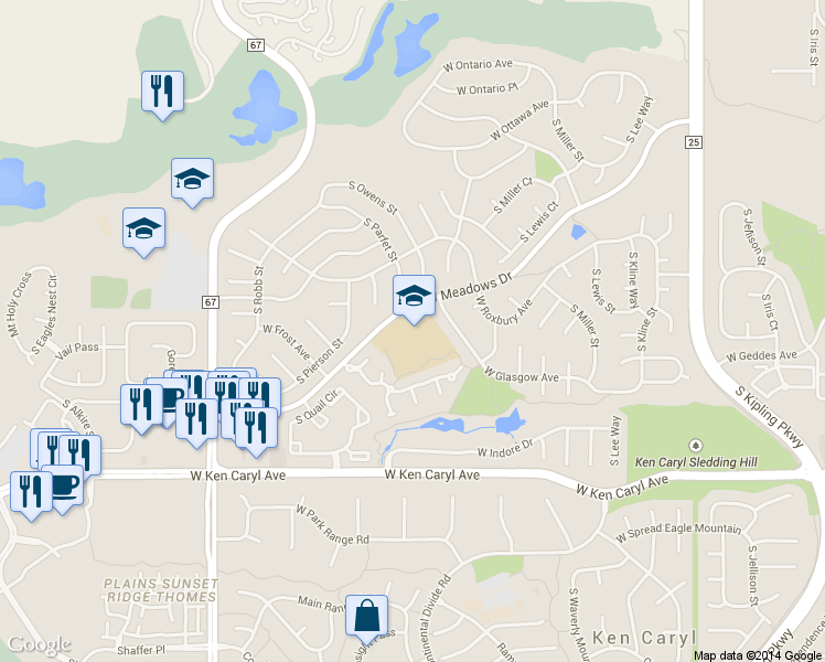 map of restaurants, bars, coffee shops, grocery stores, and more near 11050 West Meadows Drive in Littleton