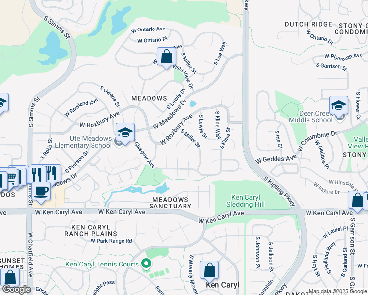 map of restaurants, bars, coffee shops, grocery stores, and more near 10441 West Frost Place in Littleton