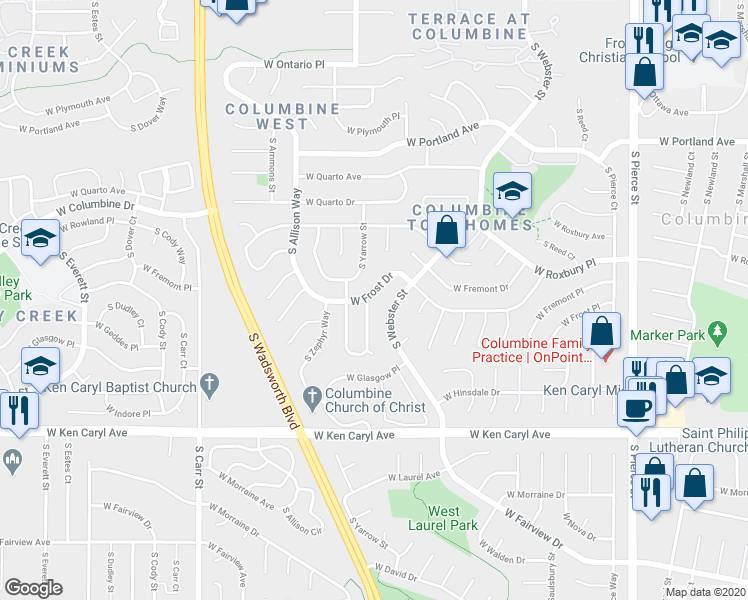 map of restaurants, bars, coffee shops, grocery stores, and more near 7708 West Frost Drive in Littleton