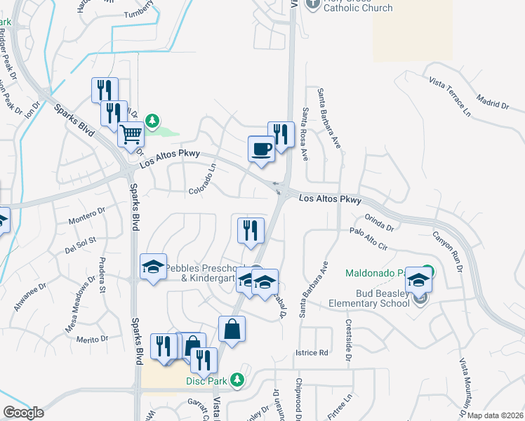 map of restaurants, bars, coffee shops, grocery stores, and more near 1458 Lambrays Ct in Sparks