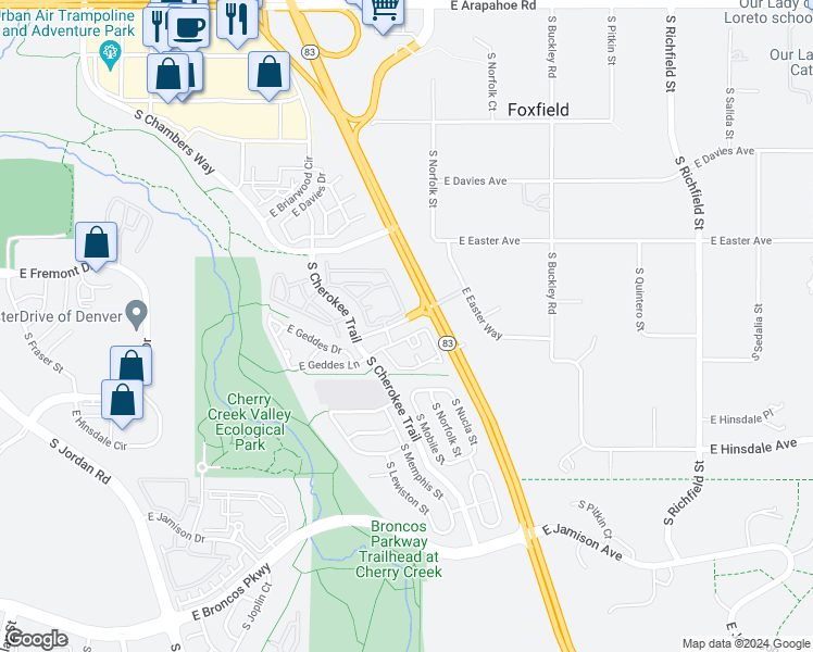 map of restaurants, bars, coffee shops, grocery stores, and more near 16380 East Fremont Avenue in Aurora