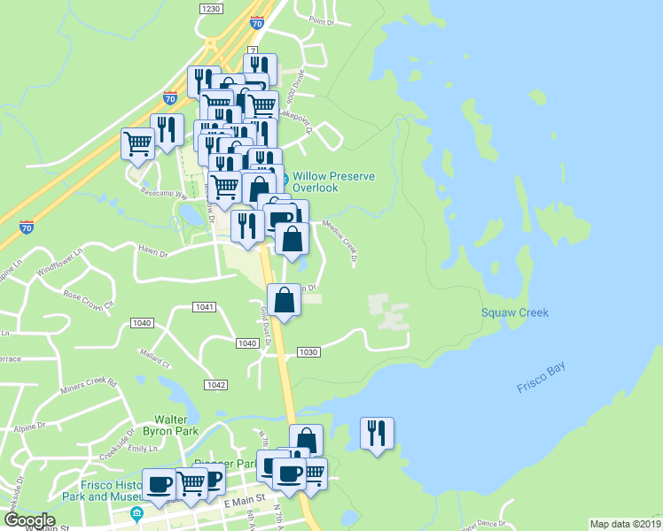 map of restaurants, bars, coffee shops, grocery stores, and more near 703 Meadow Creek Drive in Frisco