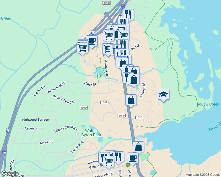 map of restaurants, bars, coffee shops, grocery stores, and more near 717 Meadow Drive in Frisco
