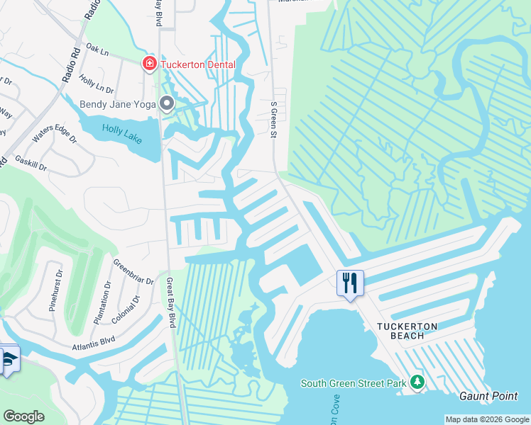 map of restaurants, bars, coffee shops, grocery stores, and more near 86 Dolphin Road in Tuckerton