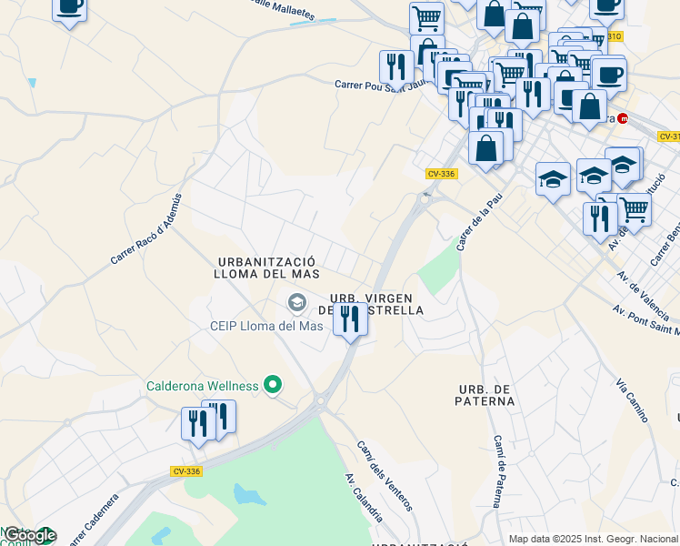 map of restaurants, bars, coffee shops, grocery stores, and more near 12 Carrer la Foia de Bunyol in Valencia
