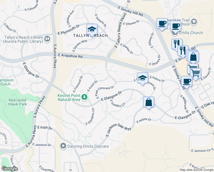 map of restaurants, bars, coffee shops, grocery stores, and more near 24733 East Park Crescent Drive in Aurora