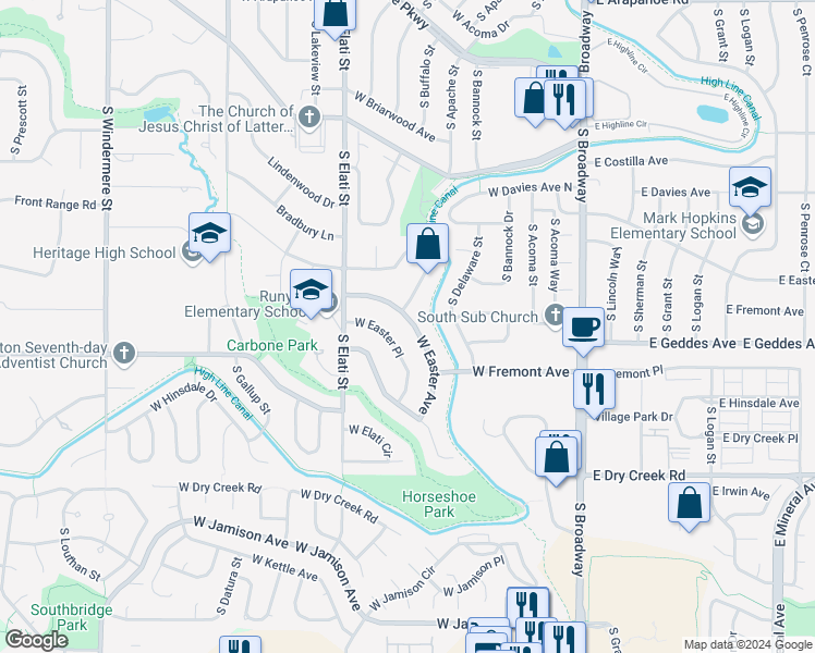 map of restaurants, bars, coffee shops, grocery stores, and more near 562 West Easter Avenue in Littleton