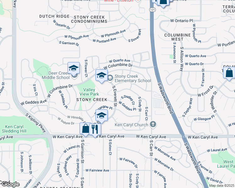 map of restaurants, bars, coffee shops, grocery stores, and more near 8892 West Frost Avenue in Littleton