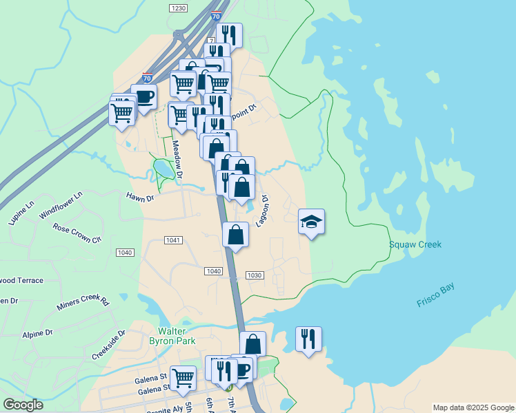 map of restaurants, bars, coffee shops, grocery stores, and more near 734 Lagoon Drive in Breckenridge