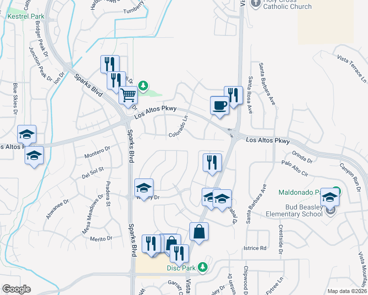 map of restaurants, bars, coffee shops, grocery stores, and more near 1318 Lambrusca Drive in Sparks