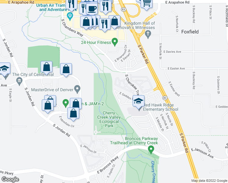 map of restaurants, bars, coffee shops, grocery stores, and more near 15934 East Geddes Lane in Aurora