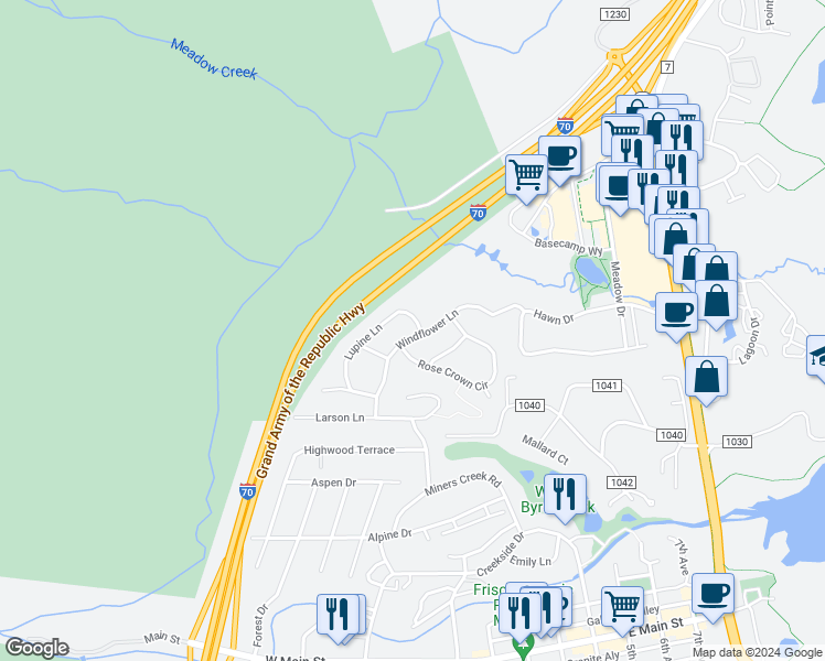 map of restaurants, bars, coffee shops, grocery stores, and more near 119 Windflower Lane in Frisco